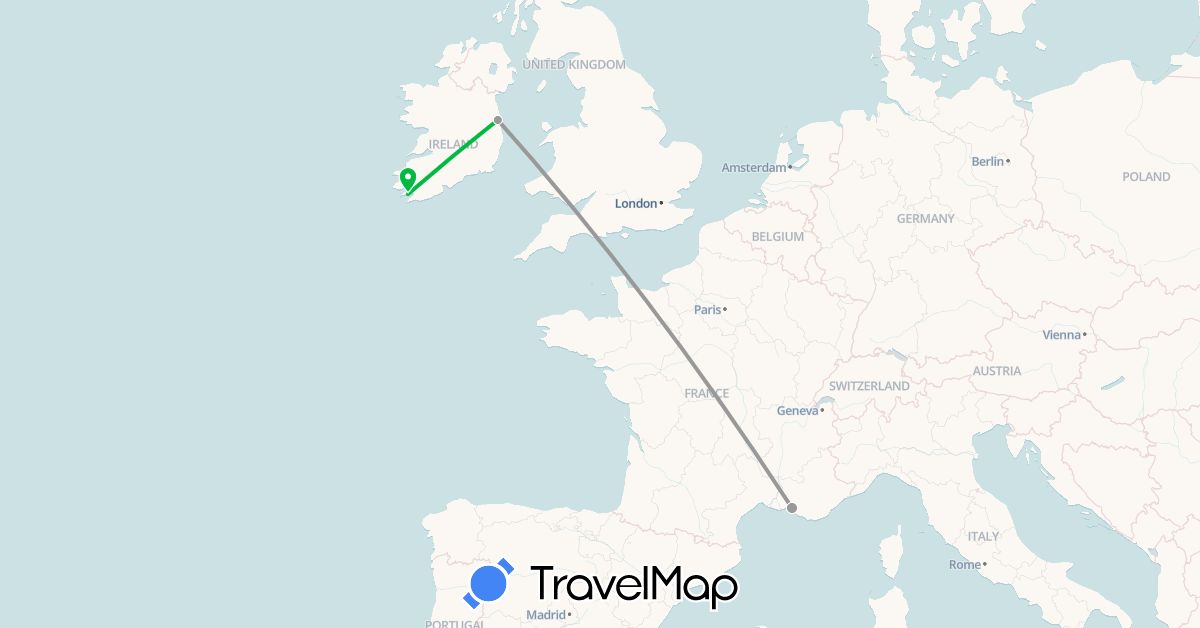 TravelMap itinerary: driving, bus, plane in France, Ireland (Europe)
